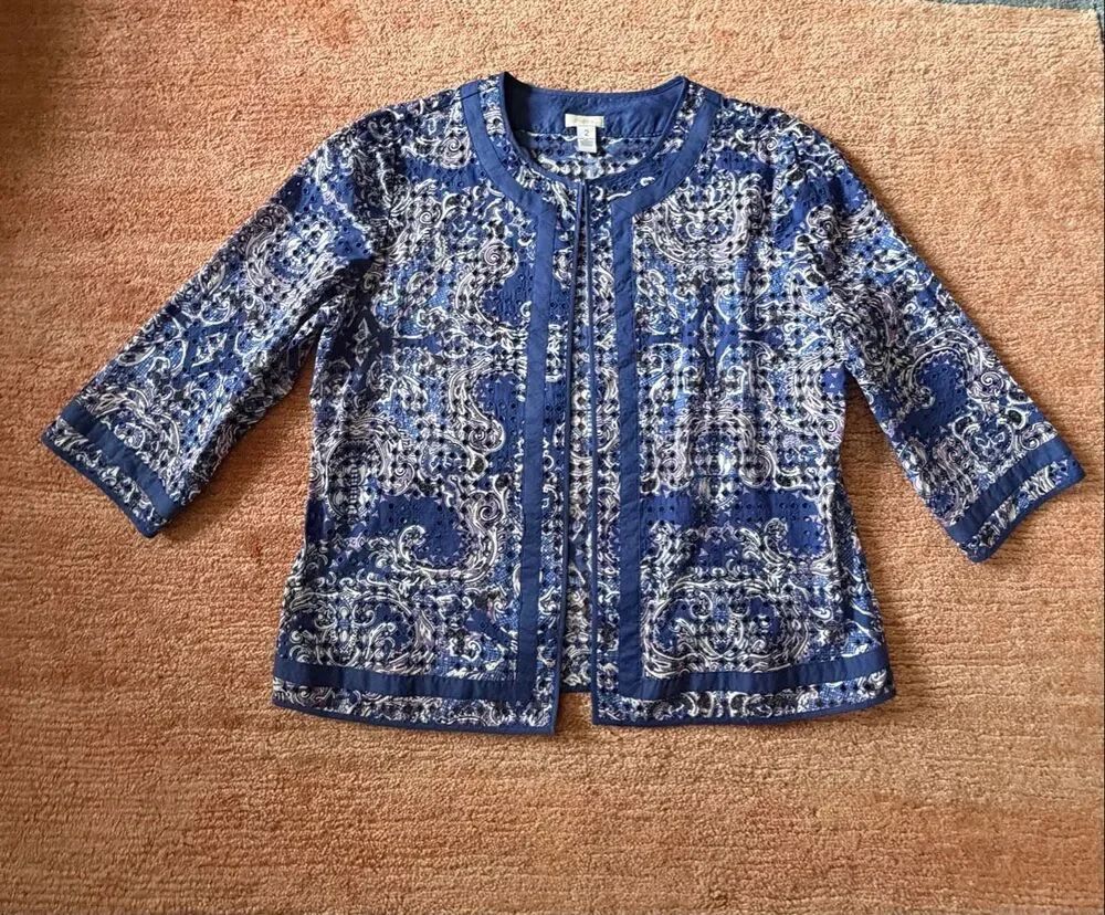 Chico’s Blue Paisley Eyelet Cotton Jacket Size 2/L NWOT